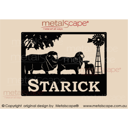 Metalscape - Farm Property Signs-Medium Property Sign - Merino Ram, Ewe, Lamb and Windmill