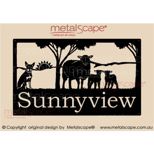 Metalscape - Farm Property Signs-Large Property Sign - Merino Ewe & Lamb, Kelpie and sunset on hills