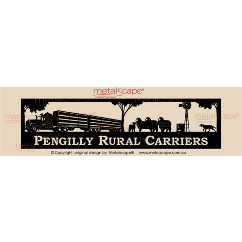 Metalscape - Farm Property Signs-Panoramic Property Sign - Kenworth Road Train & Sheep Crates, Merinos, Windmill and Kelpie