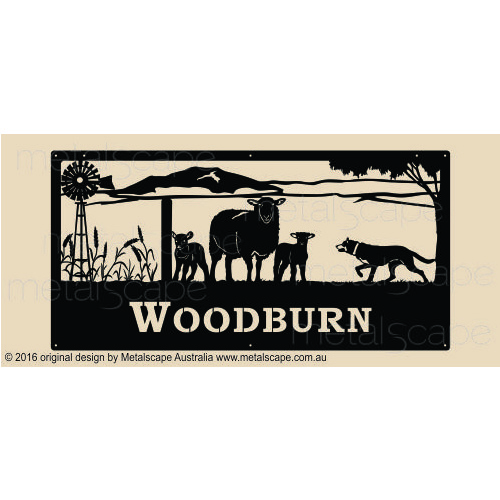 Metalscape - Farm Property Signs-Property Sign - Cross Breed Sheep, Windmill, Kelpie, Wheat and Mountain Range