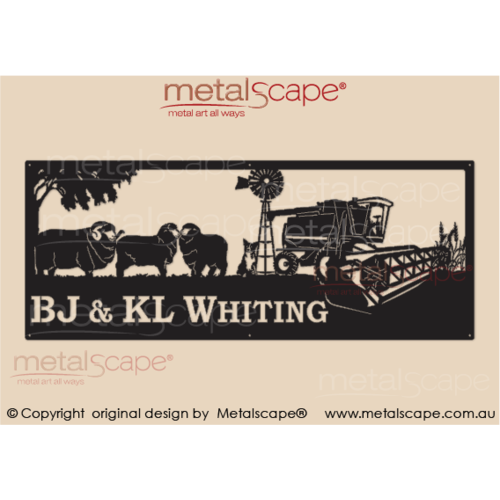 Metalscape - Farm Property Signs-XL Property Sign - Merinos Ram and Ewes, Collie Dog, Windmill & John Deere Header