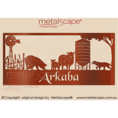 Metalscape - Farm Property Signs-XL Property Sign - Windmill Wheat Pigs, Cross Breed Ewe and Lamb, Silo and Kelpie