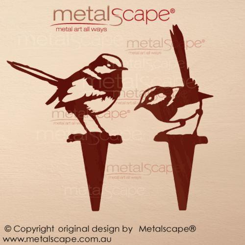 Metalscape - Metal Garden Art - Gardenscape -Set of 2 Wrens on Spikes - Natural RUST Finish